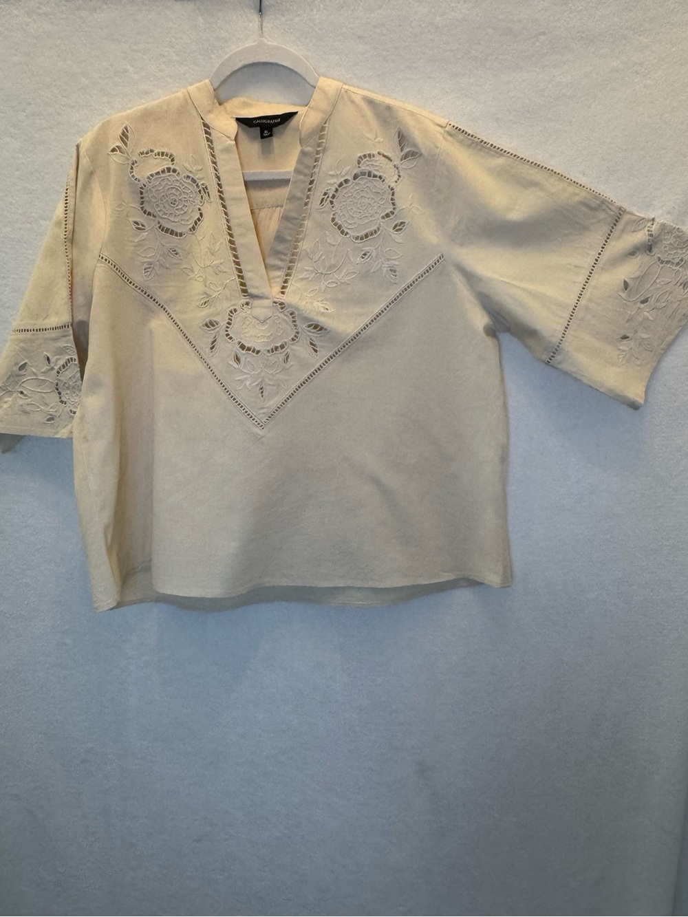 Calligraphie Linen Blend Eyelet Cutout Floral Lace Top Natural Boho XL Boho